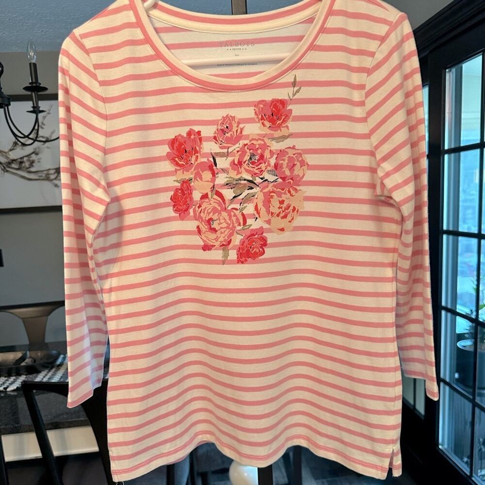 Talbots Women's Floral Stripe Crew Neck 3/4 Sleeve Top Pink White Petite Size SP